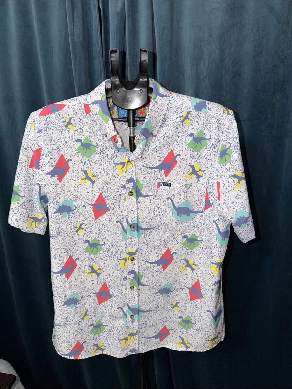 Men's Short-Sleeve Dino Print Shirt - White with Multi-Color Motif